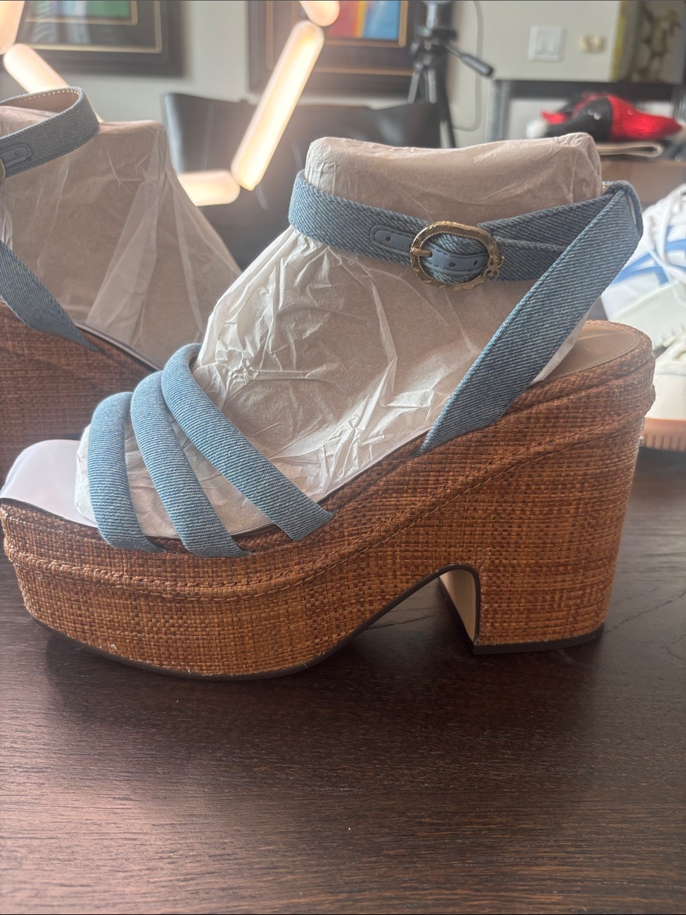 Sam Edelman Denim Blue Platform Wedge Sandals with Ankle Strap